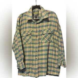 Big Rock Canyon Flannel Shirt Green Pink Yellow Plaid 100% Cotton Size XL Unisex